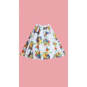 1980s EMANUELLE FRUIT Basket Print High Waist Button Up Skirt W/Pockets. Small